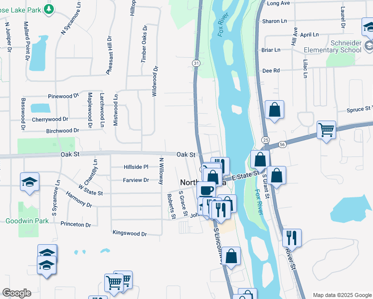 map of restaurants, bars, coffee shops, grocery stores, and more near 111 Oak Street in North Aurora