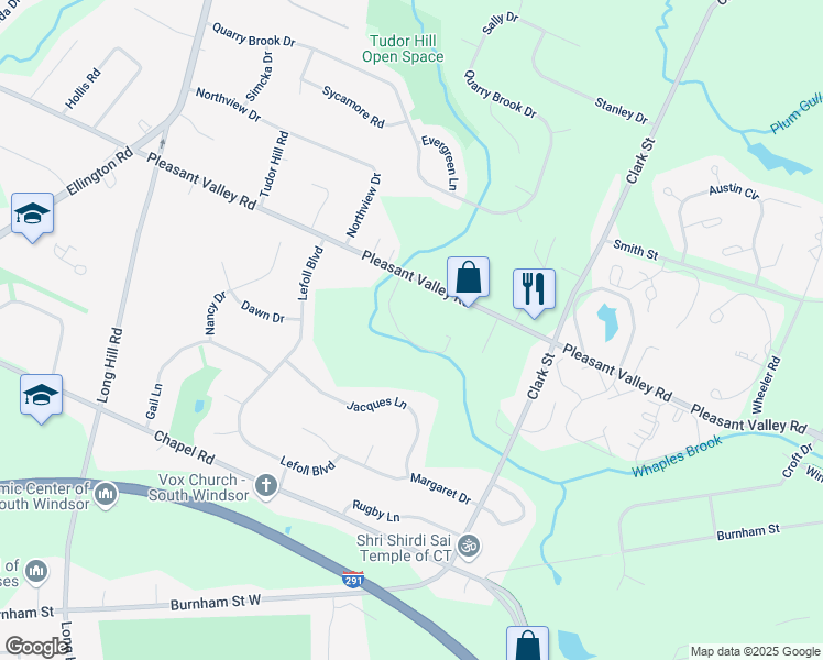 map of restaurants, bars, coffee shops, grocery stores, and more near 949 Pleasant Valley Road in South Windsor