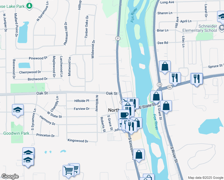 map of restaurants, bars, coffee shops, grocery stores, and more near 111 Oak Street in North Aurora