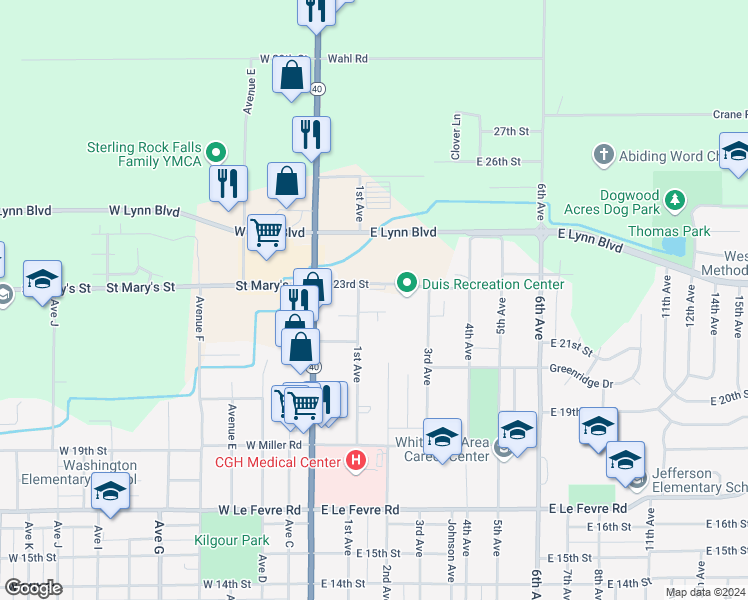 map of restaurants, bars, coffee shops, grocery stores, and more near 105 East 23rd Street in Sterling