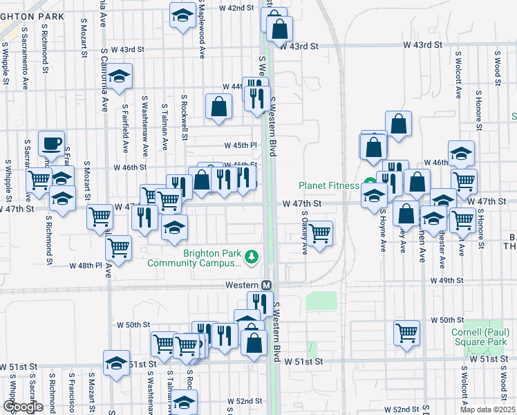 map of restaurants, bars, coffee shops, grocery stores, and more near 4700 South Western Avenue in Chicago