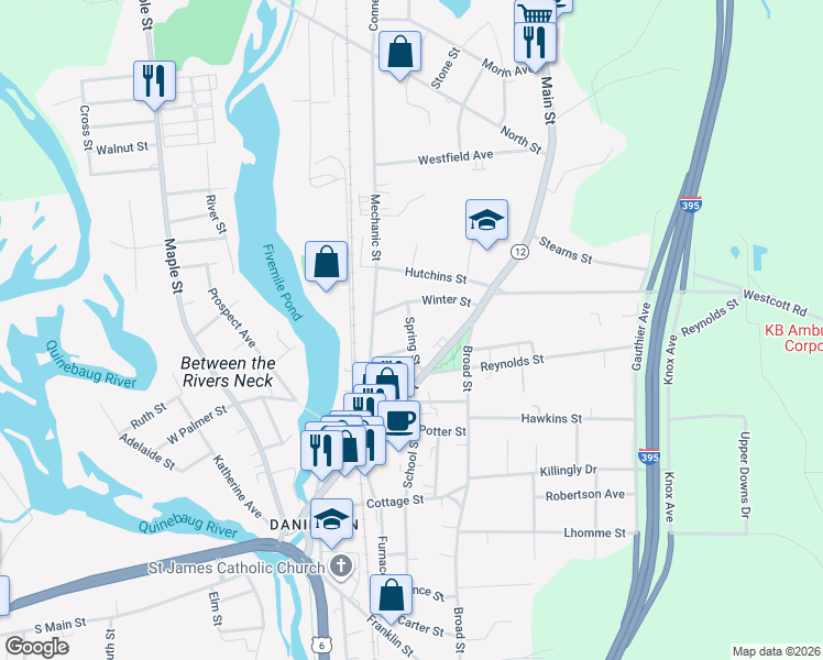 map of restaurants, bars, coffee shops, grocery stores, and more near Spring Street in Killingly