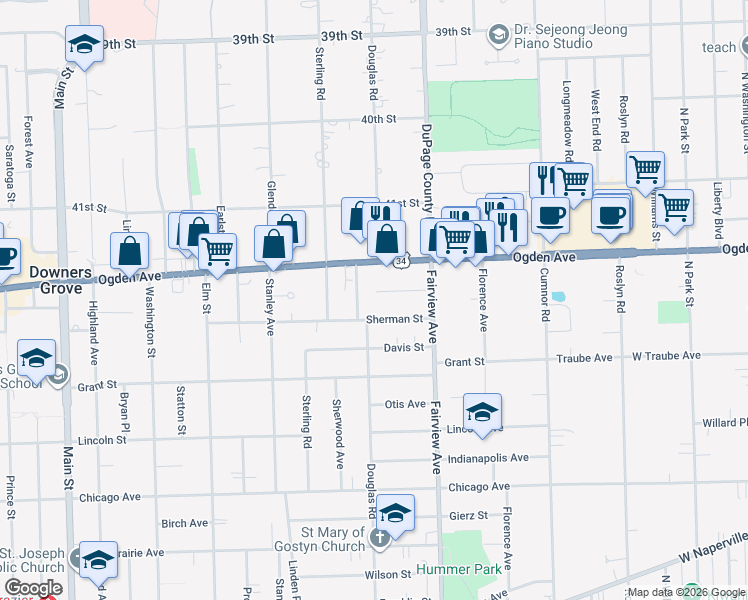 map of restaurants, bars, coffee shops, grocery stores, and more near 438 Sherman Street in Downers Grove