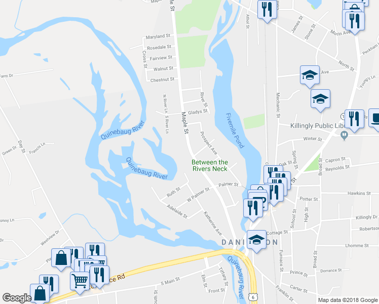 map of restaurants, bars, coffee shops, grocery stores, and more near 201 Maple Street in Killingly