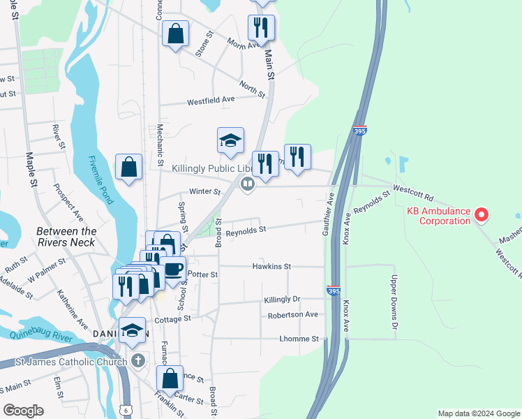 map of restaurants, bars, coffee shops, grocery stores, and more near 50 Capron Street in Killingly
