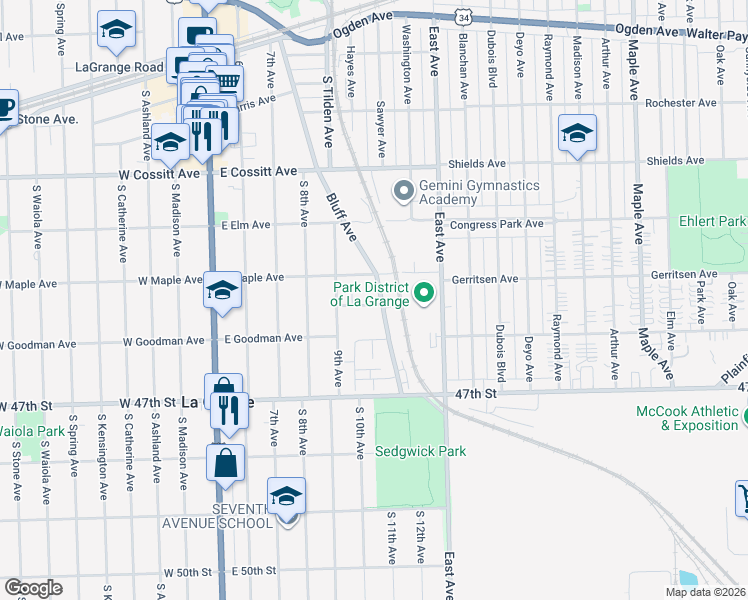 map of restaurants, bars, coffee shops, grocery stores, and more near 318 Bluff Avenue in La Grange