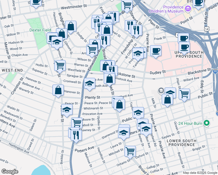 map of restaurants, bars, coffee shops, grocery stores, and more near 79 Wesleyan Avenue in Providence