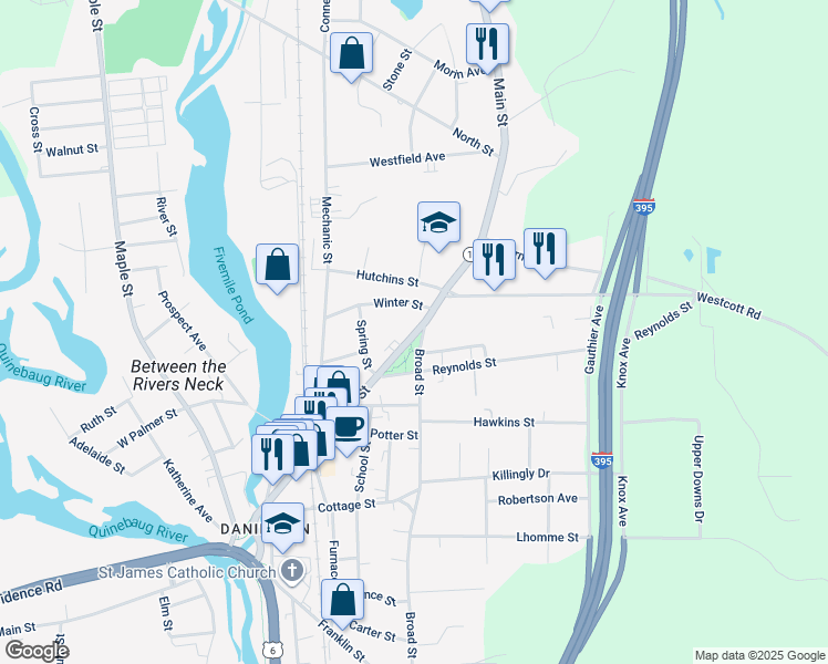 map of restaurants, bars, coffee shops, grocery stores, and more near 308 Broad Street in Killingly