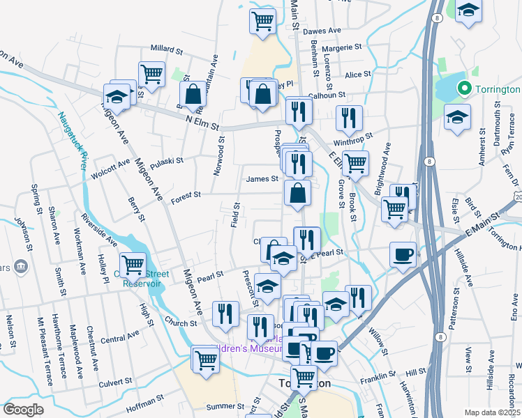 map of restaurants, bars, coffee shops, grocery stores, and more near 29 Whiting Avenue in Torrington