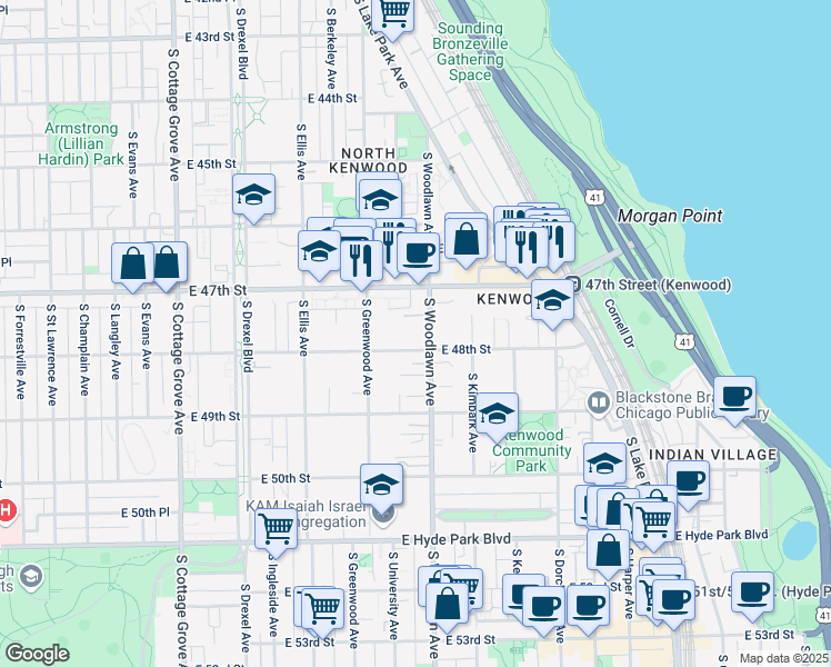 map of restaurants, bars, coffee shops, grocery stores, and more near 1158 East 48th Street in Chicago
