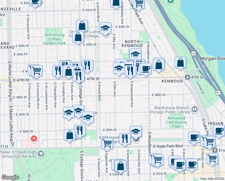 map of restaurants, bars, coffee shops, grocery stores, and more near 1000 East 48th Street in Chicago