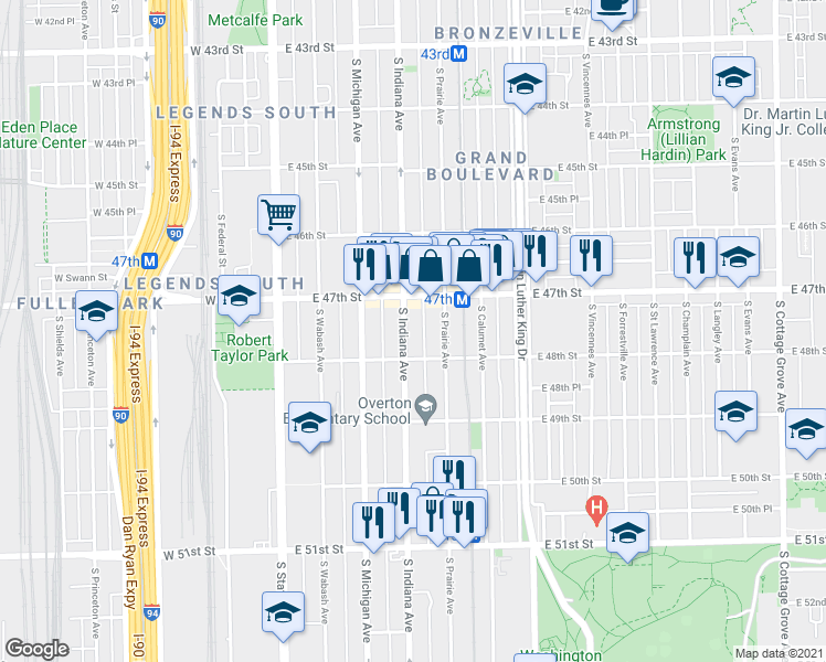 map of restaurants, bars, coffee shops, grocery stores, and more near 4749 South Indiana Avenue in Chicago