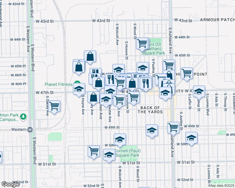 map of restaurants, bars, coffee shops, grocery stores, and more near 4717 South Wolcott Avenue in Chicago