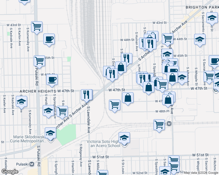 map of restaurants, bars, coffee shops, grocery stores, and more near 3532 West 47th Street in Chicago
