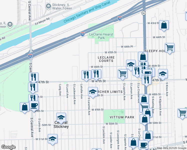 map of restaurants, bars, coffee shops, grocery stores, and more near 4645 South Leamington Avenue in Chicago