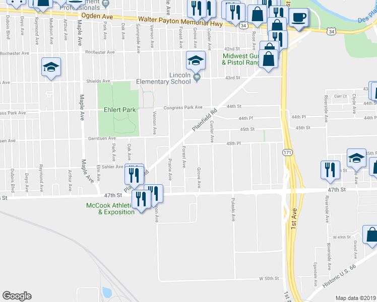 map of restaurants, bars, coffee shops, grocery stores, and more near 4514 Grove Avenue in Brookfield