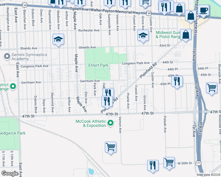 map of restaurants, bars, coffee shops, grocery stores, and more near 4516 Sunnyside Avenue in Brookfield