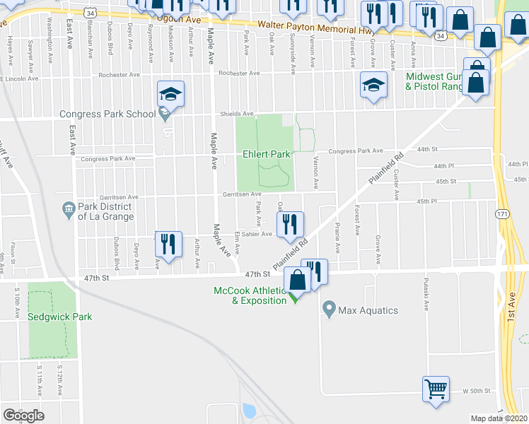 map of restaurants, bars, coffee shops, grocery stores, and more near 4526 Oak Avenue in Brookfield