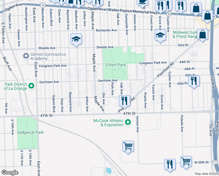 map of restaurants, bars, coffee shops, grocery stores, and more near 4528 Park Avenue in Brookfield