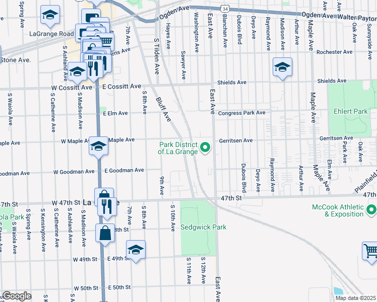 map of restaurants, bars, coffee shops, grocery stores, and more near 318 Bluff Avenue in La Grange