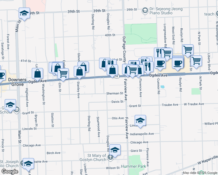 map of restaurants, bars, coffee shops, grocery stores, and more near 438 Sherman Street in Downers Grove