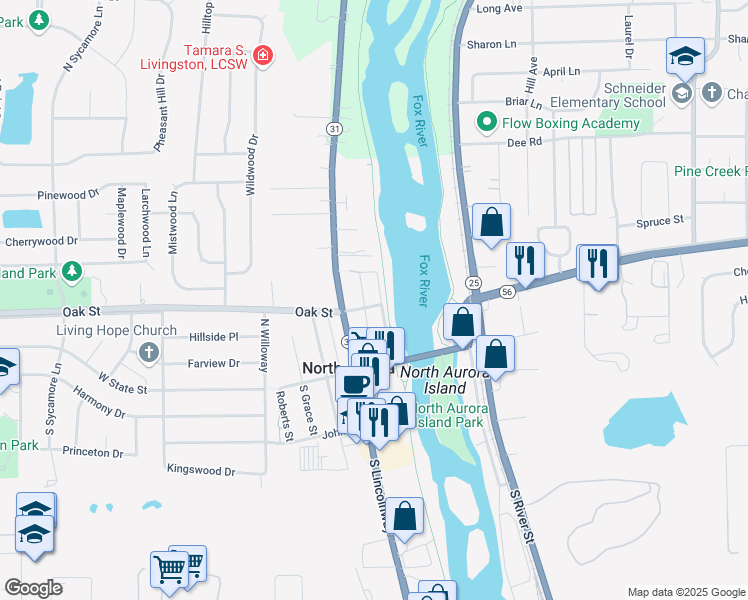 map of restaurants, bars, coffee shops, grocery stores, and more near 40 Monroe Street in North Aurora