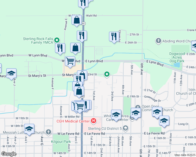 map of restaurants, bars, coffee shops, grocery stores, and more near 105 East 23rd Street in Sterling