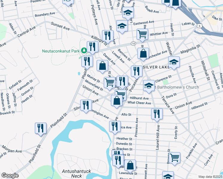 map of restaurants, bars, coffee shops, grocery stores, and more near 68 Ethan Street in Providence