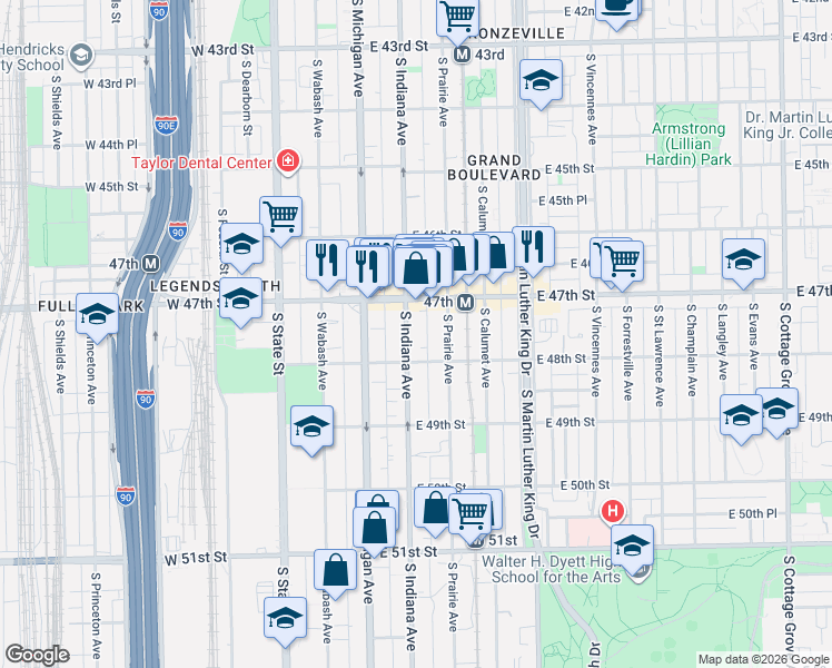 map of restaurants, bars, coffee shops, grocery stores, and more near 4749 South Indiana Avenue in Chicago
