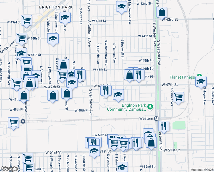 map of restaurants, bars, coffee shops, grocery stores, and more near West 47th Street & South Washtenaw Avenue in Chicago