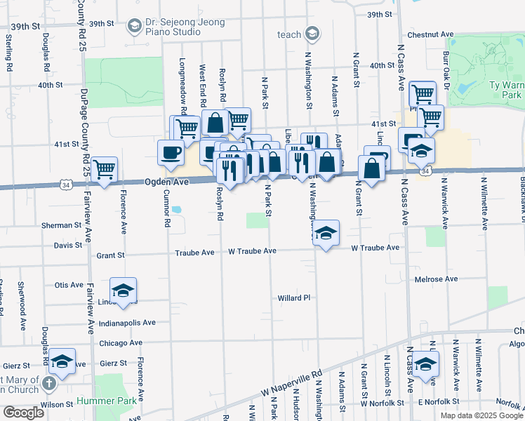 map of restaurants, bars, coffee shops, grocery stores, and more near 520 North Park Street in Westmont