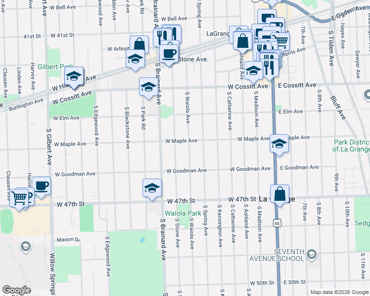 map of restaurants, bars, coffee shops, grocery stores, and more near 321 South Stone Avenue in La Grange