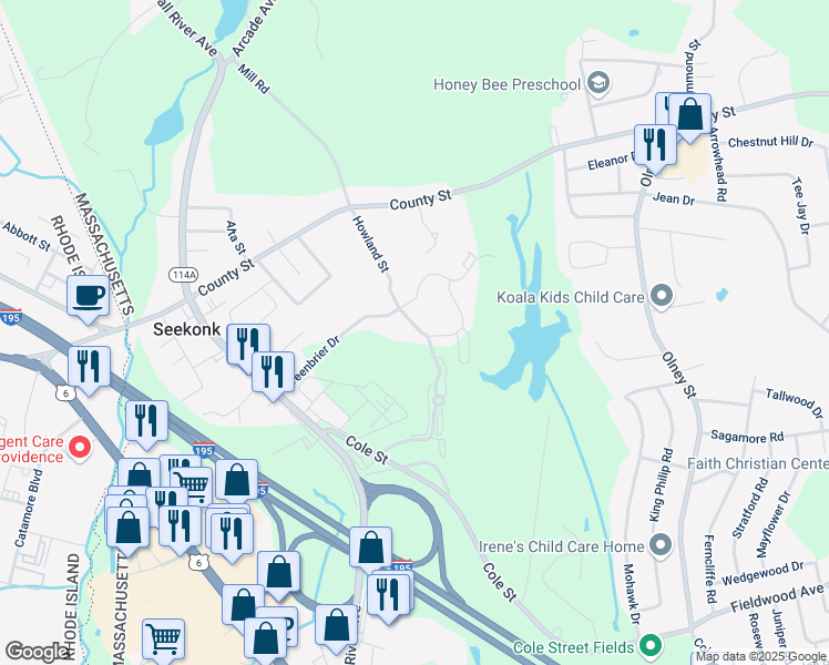 map of restaurants, bars, coffee shops, grocery stores, and more near 101 Forsythe Circle in Seekonk