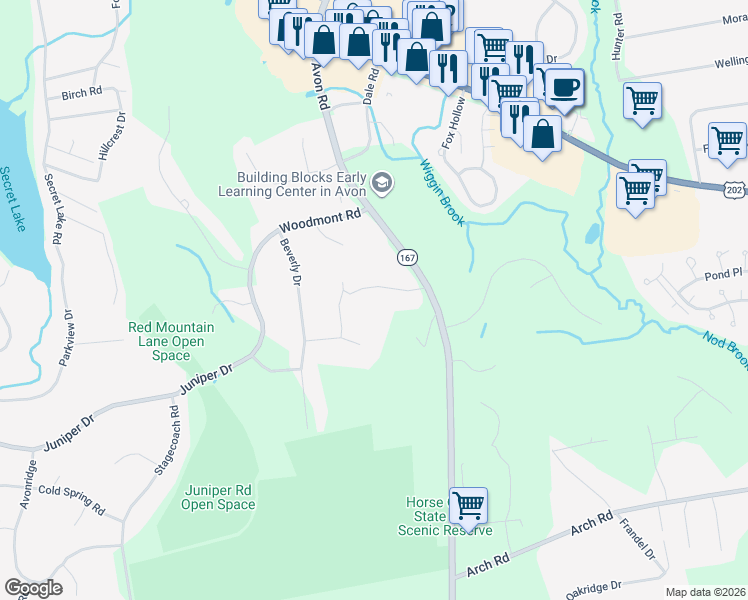 map of restaurants, bars, coffee shops, grocery stores, and more near 25 Bolleswood Lane in Avon