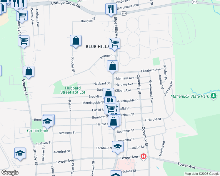 map of restaurants, bars, coffee shops, grocery stores, and more near 9 Beaman Brk in Bloomfield