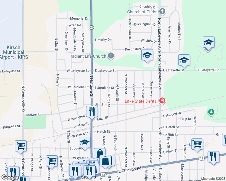 map of restaurants, bars, coffee shops, grocery stores, and more near 303 East Jerolene Street in Sturgis