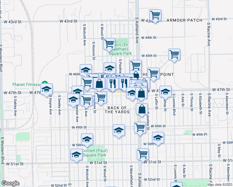 map of restaurants, bars, coffee shops, grocery stores, and more near 1715 West 47th Street in Chicago