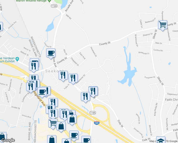 map of restaurants, bars, coffee shops, grocery stores, and more near 139 Greenbrier Drive in Seekonk
