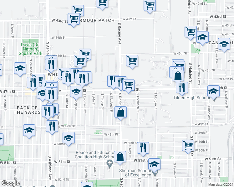 map of restaurants, bars, coffee shops, grocery stores, and more near 4710 South Racine Avenue in Chicago