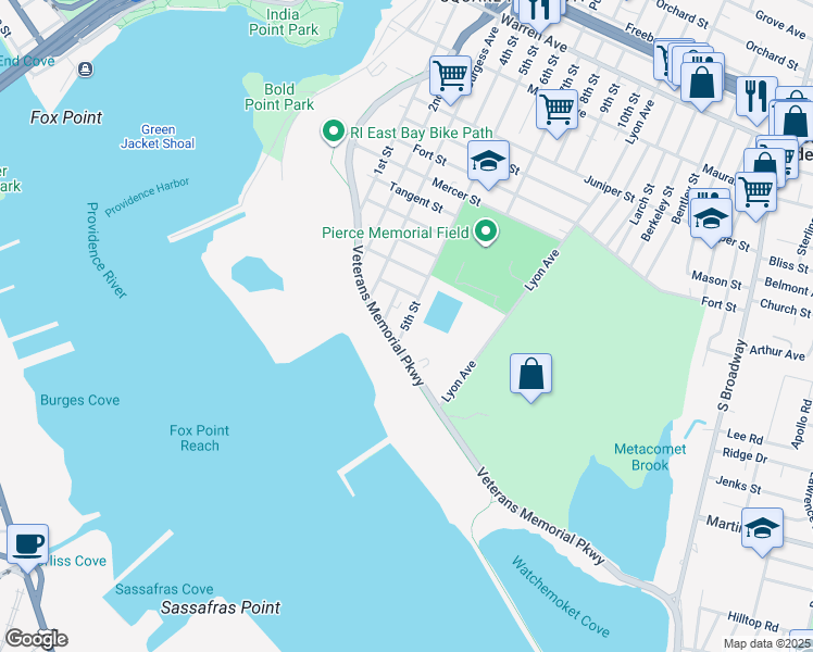 map of restaurants, bars, coffee shops, grocery stores, and more near 5th Street in East Providence