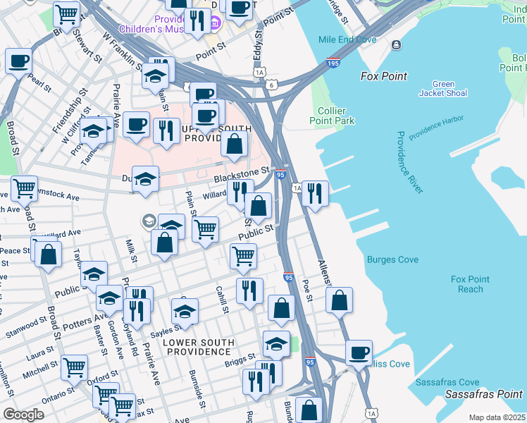 map of restaurants, bars, coffee shops, grocery stores, and more near 34 Eudora Street in Providence
