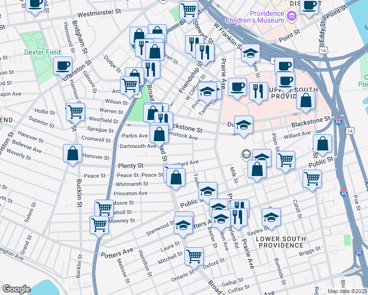 map of restaurants, bars, coffee shops, grocery stores, and more near 3 Wesleyan Avenue in Providence