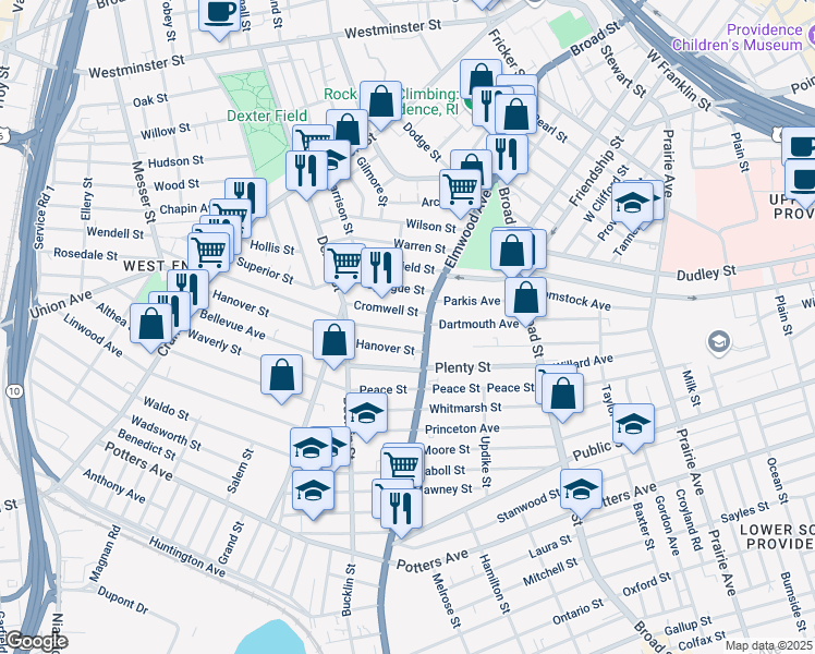 map of restaurants, bars, coffee shops, grocery stores, and more near 16 Woodman Street in Providence