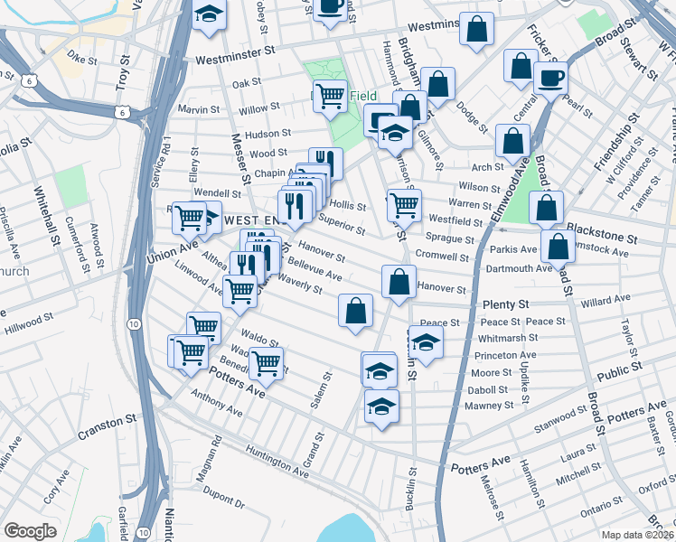 map of restaurants, bars, coffee shops, grocery stores, and more near 168 Bellevue Avenue in Providence