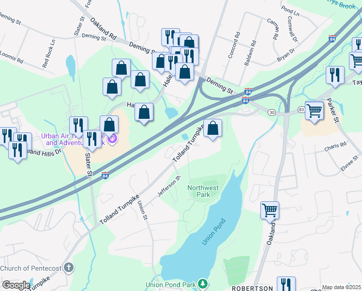 map of restaurants, bars, coffee shops, grocery stores, and more near 34 Donahue Lane in Manchester