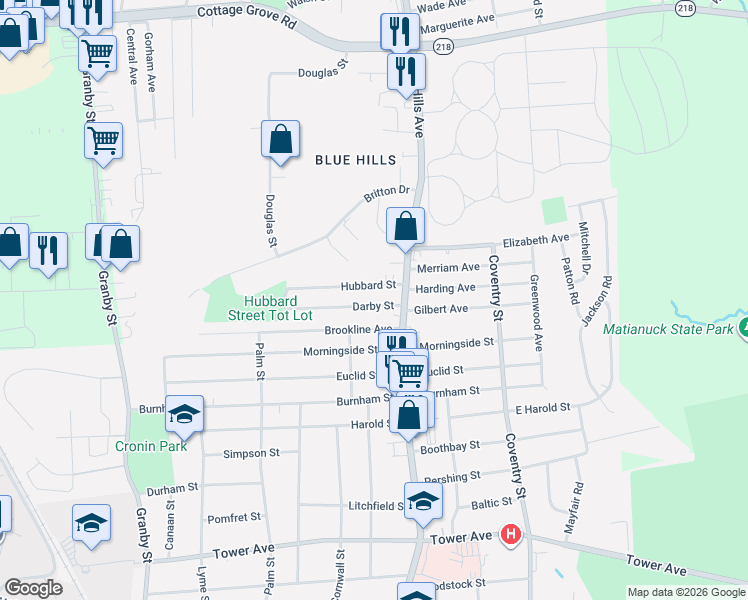 map of restaurants, bars, coffee shops, grocery stores, and more near 43 Darby Street in Bloomfield