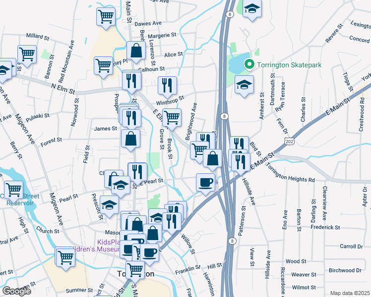map of restaurants, bars, coffee shops, grocery stores, and more near 65 Brightwood Avenue in Torrington