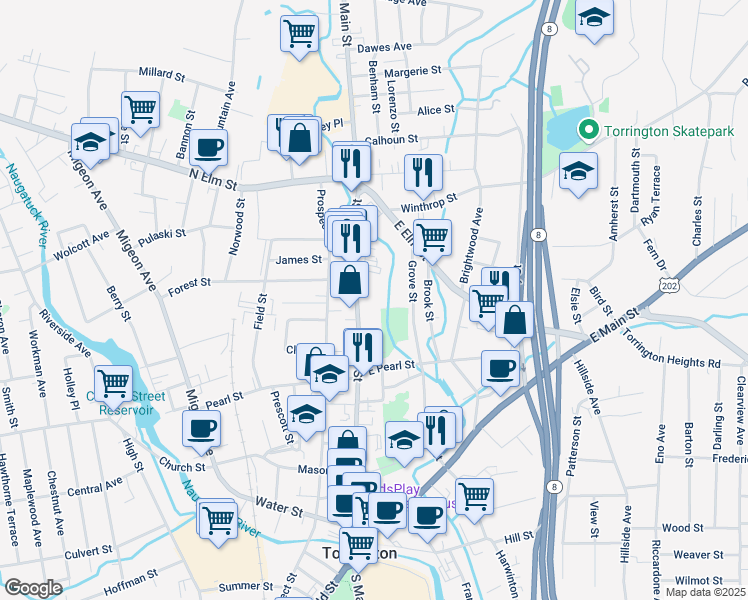 map of restaurants, bars, coffee shops, grocery stores, and more near 372 Main Street in Torrington