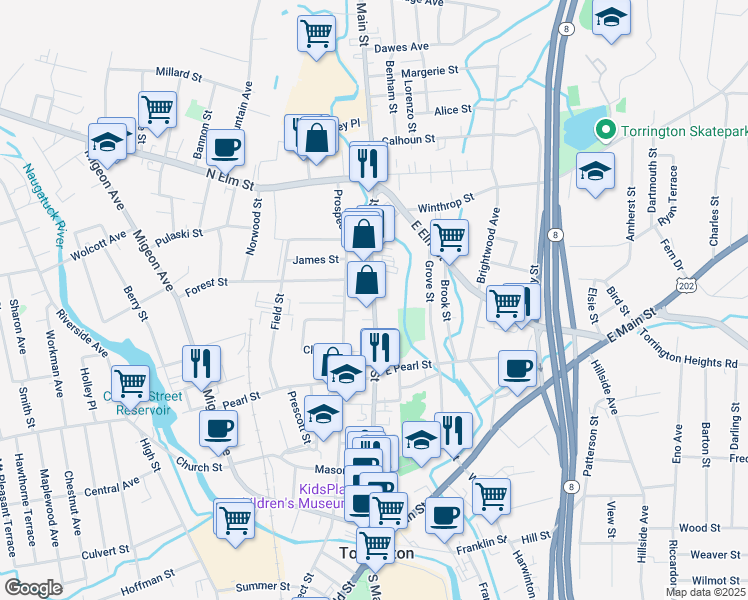 map of restaurants, bars, coffee shops, grocery stores, and more near 516 Prospect Street in Torrington