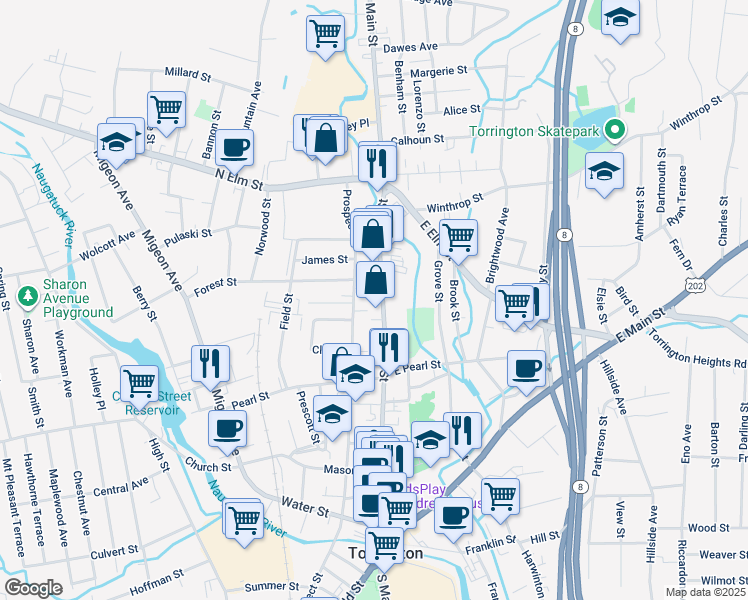 map of restaurants, bars, coffee shops, grocery stores, and more near 516 Prospect Street in Torrington